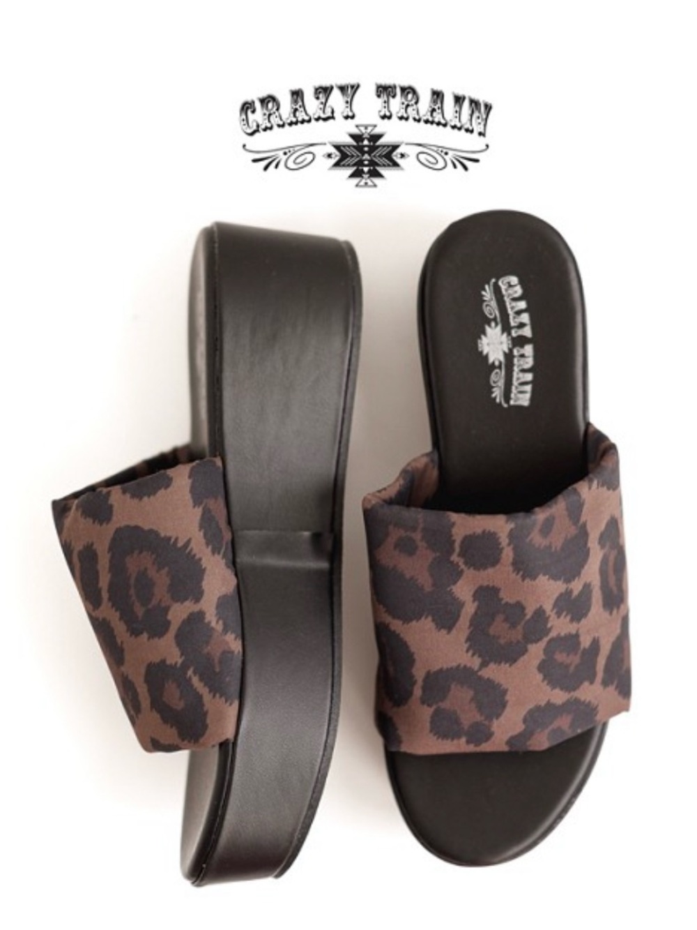 Crazy Train Black Platform Slides with Brown Leopard Strap
